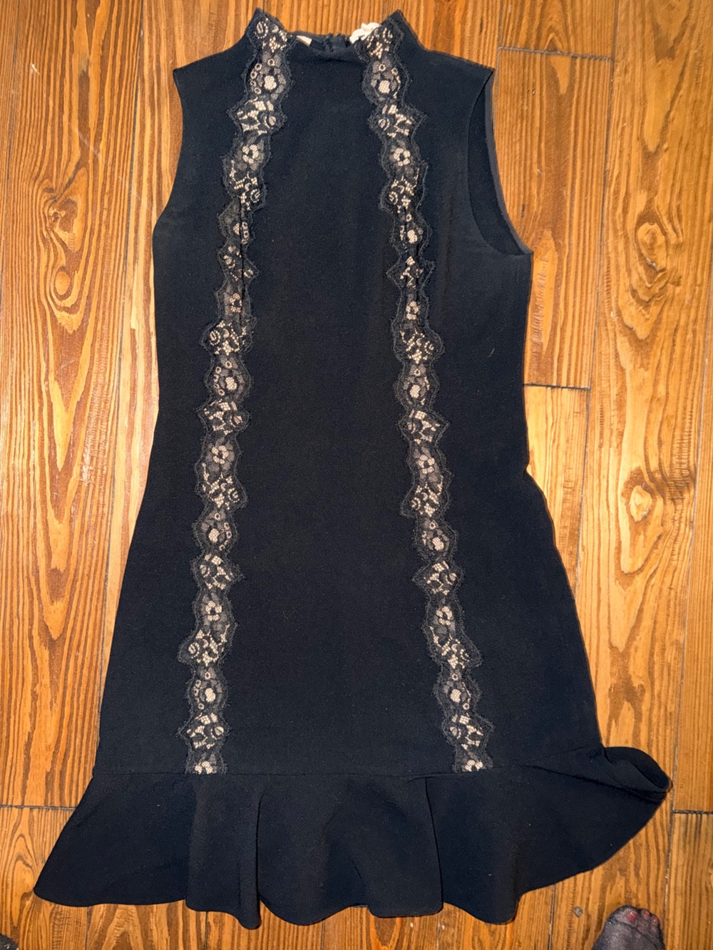 Rebecca Taylor Black Sleeveless Lace-Trim Ruffle Hem Dress